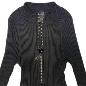 Vtg Questions by Say What Ribbed Sweater Womens Sz L Full Zip Rhinestone Black